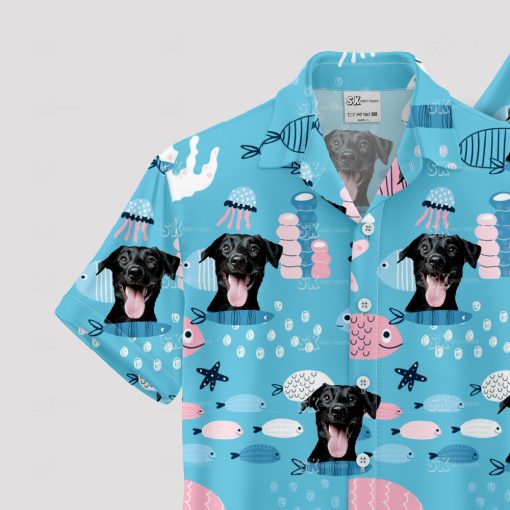 Blue Hawaiian shirt with Spongebob and dog face tropical design