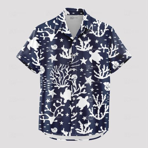 Black and white tropical ocean shirt with sea animals pattern