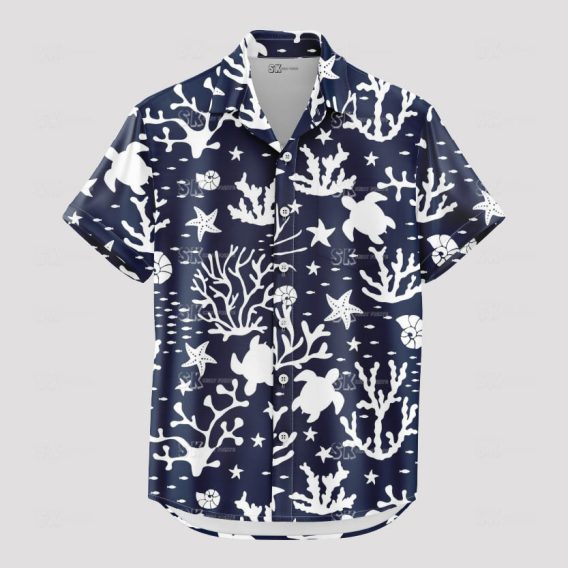 Black and white tropical ocean shirt with sea animals pattern