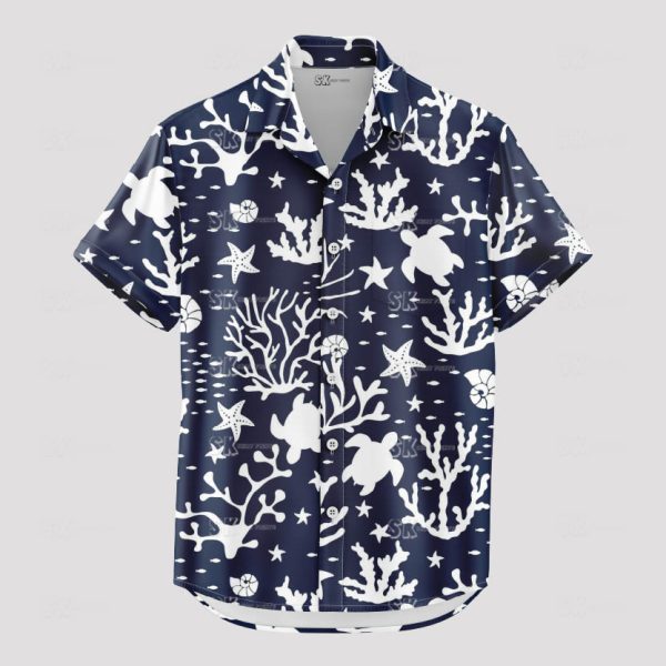 Tropical Ocean Shirt – Black and White Sea Animals Hawaiian Beachwear