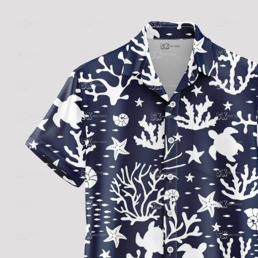 Black and white tropical ocean shirt with sea animals pattern