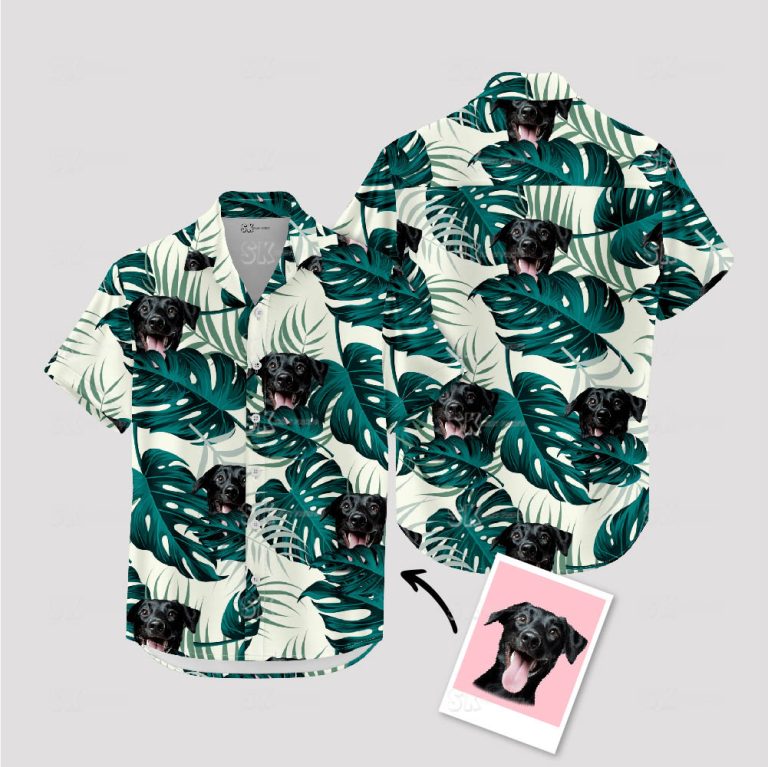 Custom Dog Face Hawaiian Shirt – White Green Tropical Pet Portrait Apparel