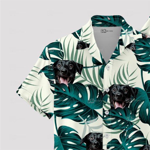 White and green custom Hawaiian shirt featuring a dog face design