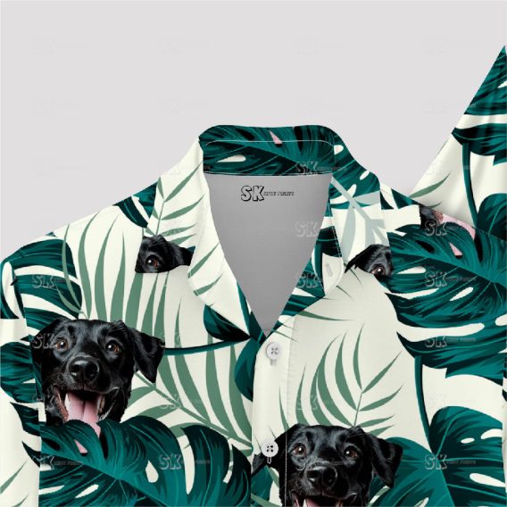 White and green Hawaiian shirt featuring a custom dog face print