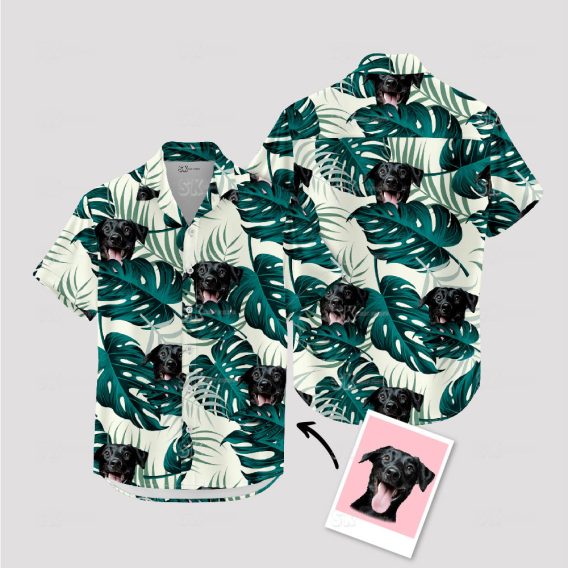 White and green Hawaiian shirt featuring a custom dog face print