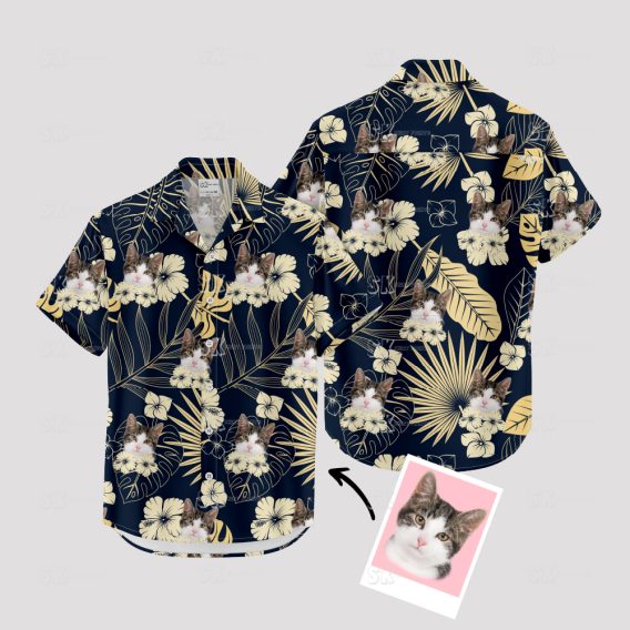 Custom black cat Hawaiian shirt with unique cat face print design