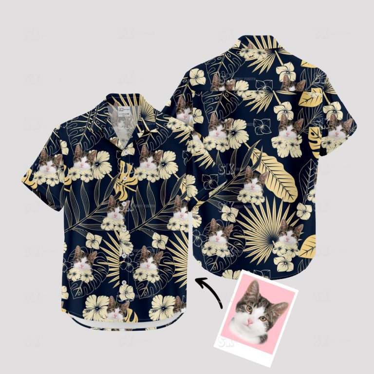 Black Cat Hawaiian Shirt – Custom Photo Print with Tropical Cat Design