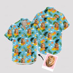 Blue Hawaiian shirt for men features roaring lion and tribal design