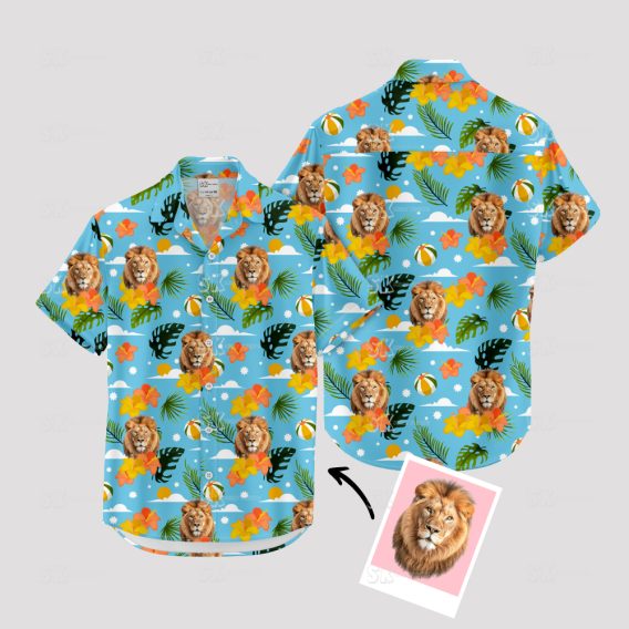 Blue Hawaiian shirt for men features roaring lion and tribal design