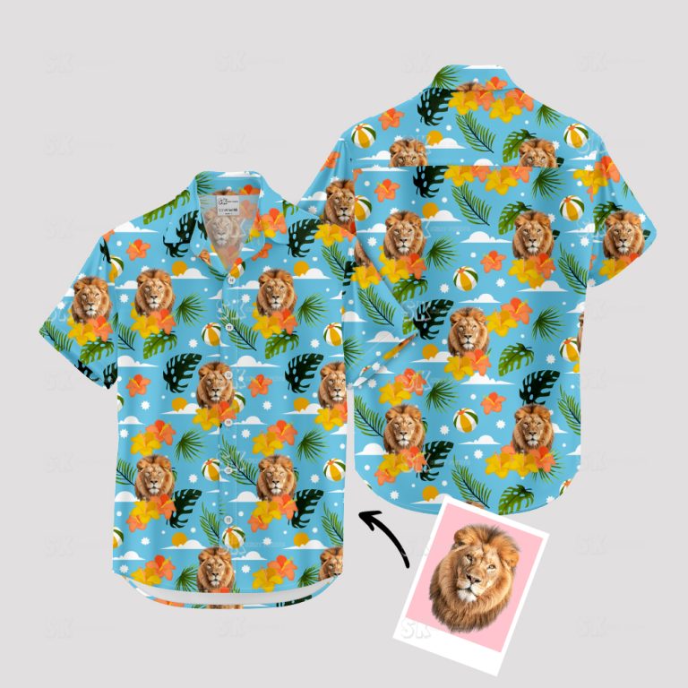 Blue Hawaiian Shirts Men Lion Print Custom Face Tribal Pattern Summer