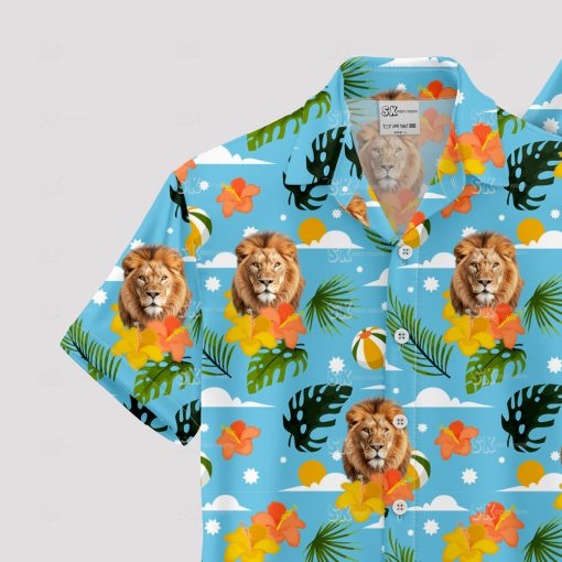 Blue Hawaiian shirt for men features roaring lion and tribal design