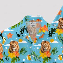 Blue Hawaiian shirt for men features roaring lion and tribal design