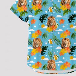 Blue Hawaiian shirt for men features roaring lion and tribal design