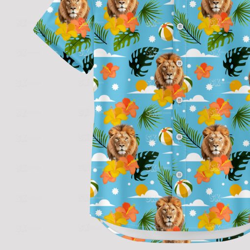 Blue Hawaiian shirt for men features roaring lion and tribal design