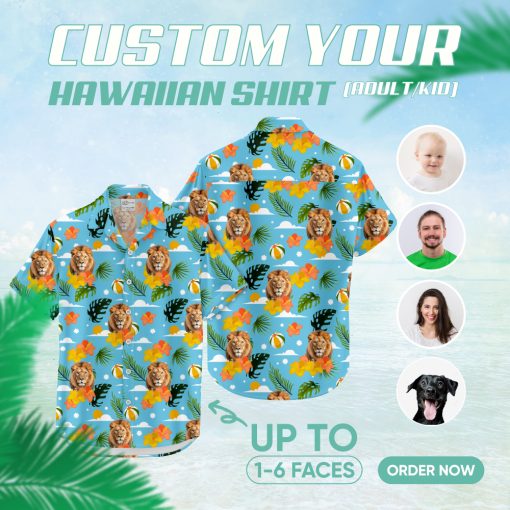 Blue Hawaiian shirt for men features roaring lion and tribal design