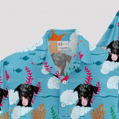dog photo on blue hawaiian shirt with tropical pattern