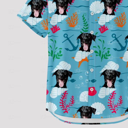 dog photo on blue hawaiian shirt with tropical pattern