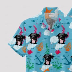 dog photo on blue hawaiian shirt with tropical pattern