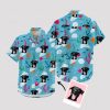 dog photo on blue hawaiian shirt with tropical pattern