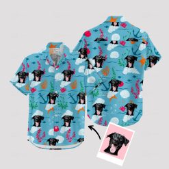 dog photo on blue hawaiian shirt with tropical pattern