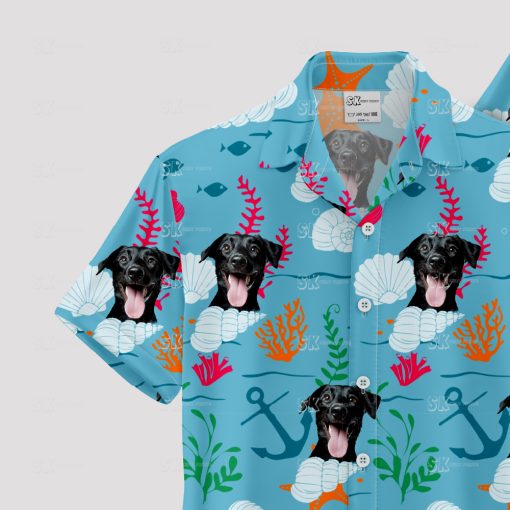 dog photo on blue hawaiian shirt with tropical pattern