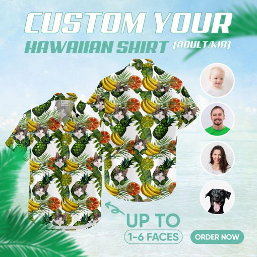 Custom cat print Hawaiian shirt with playful cat faces for vacations