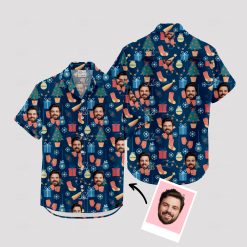 Colorful christmas tiki shirt with festive Hawaiian holiday design