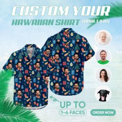 Colorful christmas tiki shirt with festive Hawaiian holiday design