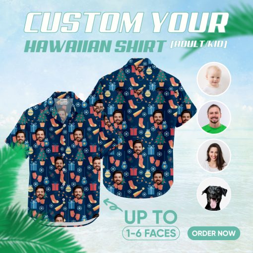 Colorful christmas tiki shirt with festive Hawaiian holiday design