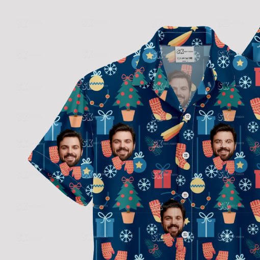 Colorful christmas tiki shirt with festive Hawaiian holiday design
