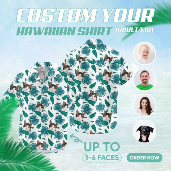 Custom cat Hawaiian shirt with unique cat face design for vacations
