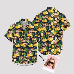Colorful hawaiian shirt for women with face pattern, tropical style