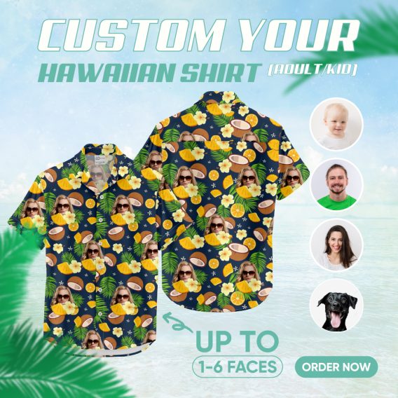Colorful hawaiian shirt for women with face pattern, tropical style