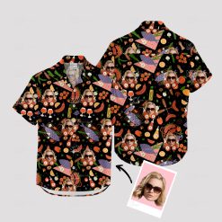 Black Hawaiian shirt for women with decorative face print design