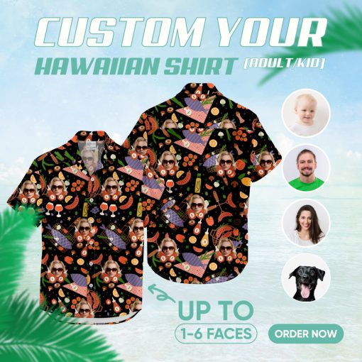 Black Hawaiian shirt for women with decorative face print design