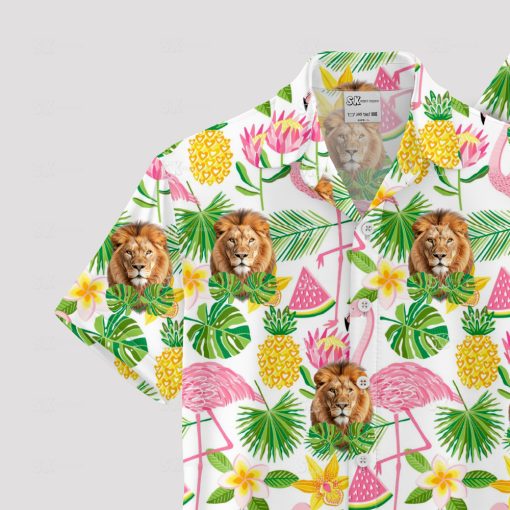 White lion Hawaiian shirt featuring vibrant lion print design
