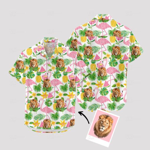 White lion Hawaiian shirt featuring vibrant lion print design