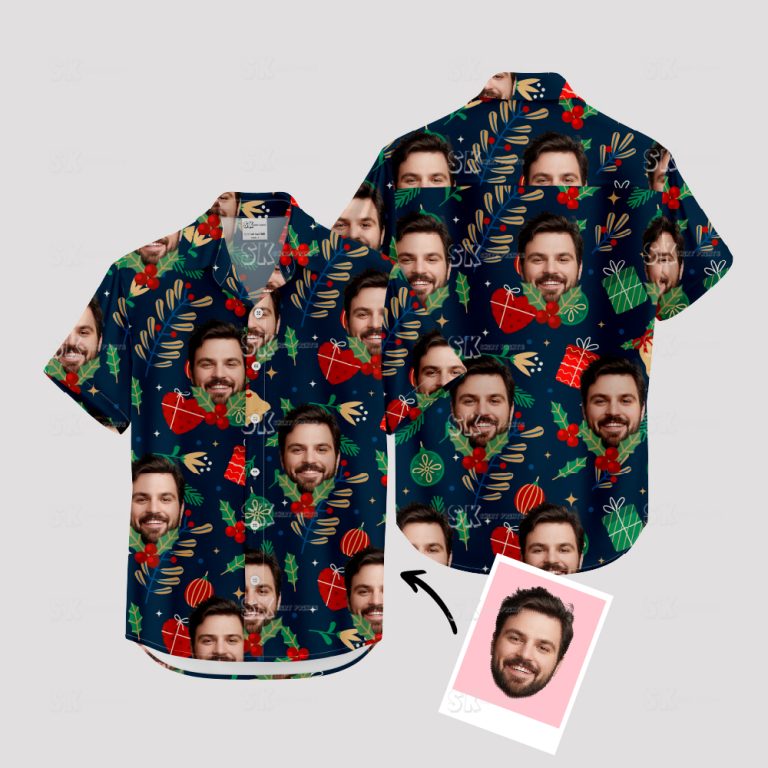 Christmas Hawaiian Shirt Men Black Custom Face Holiday Aloha Shirt