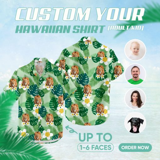 Mens green Hawaiian shirt featuring bold lion print and tribal patterns
