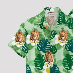 Mens green Hawaiian shirt featuring bold lion print and tribal patterns