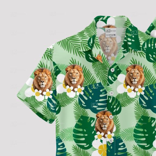 Mens green Hawaiian shirt featuring bold lion print and tribal patterns