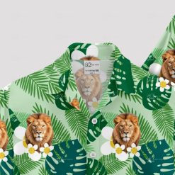 Mens green Hawaiian shirt featuring bold lion print and tribal patterns