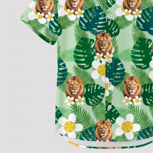 Mens green Hawaiian shirt featuring bold lion print and tribal patterns