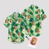 Mens green Hawaiian shirt featuring bold lion print and tribal patterns