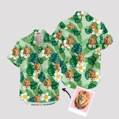 Mens green Hawaiian shirt featuring bold lion print and tribal patterns