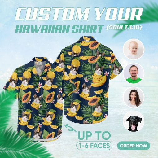 Custom mens Hawaiian shirt with cat face print, perfect for vacations