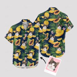 Custom mens Hawaiian shirt with cat face print, perfect for vacations