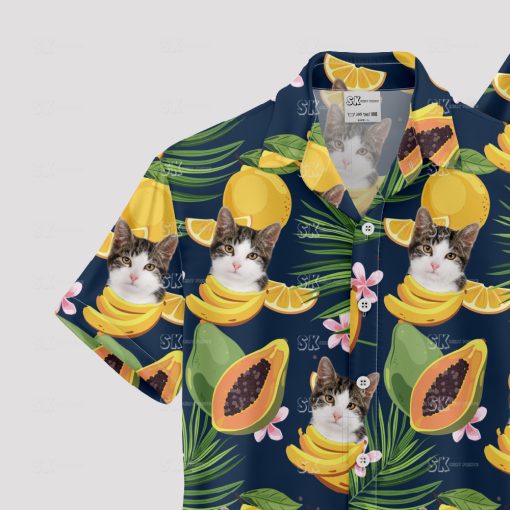 Custom mens Hawaiian shirt with cat face print, perfect for vacations