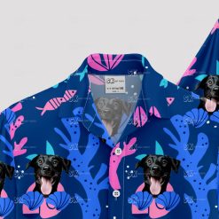 Navy blue Hawaiian shirt featuring playful dog photo design