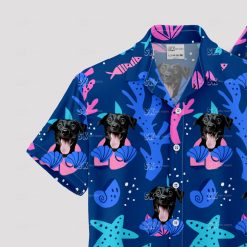 Navy blue Hawaiian shirt featuring playful dog photo design